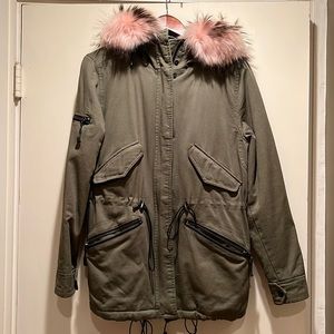SAM. Coat/Jacket Pink Fur Hood, Warm, Size Medium